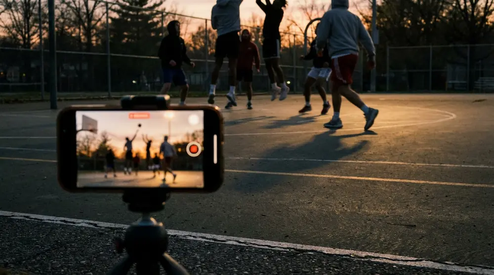 Phone on tripod recording a basketball game at dusk